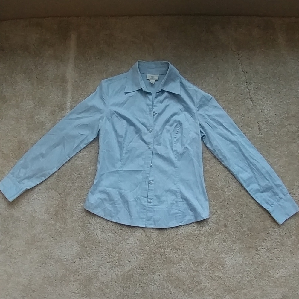 Ann Taylor Loft sz 8 Blue & Pearl Button Down